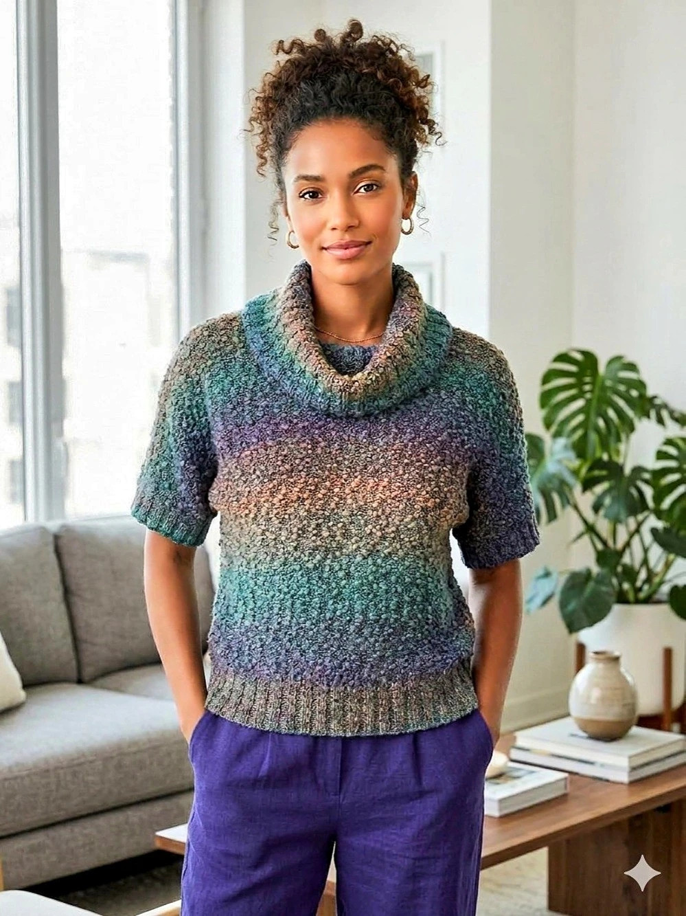 Cato Boho Rainbow Ombré Cowl Neck Short Sleeve Sweater M